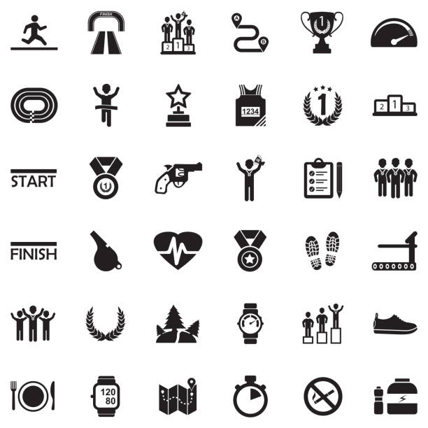 Running Icons. Black Flat Design. Vector Illustration. Activity, Running, Track, Competition marathon icons stock illustrations