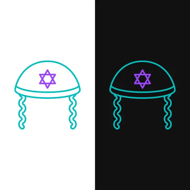 Vector illustration of Line Jewish kippah with star of david and sidelocks icon isolated on white and black background. Jewish yarmulke hat. Colorful outline concept. Vector