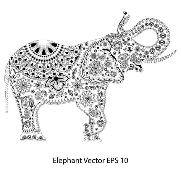 Vector illustration of Hand-drawn elephant with ethnic floral doodle pattern. Coloring page - , design for meditation, relaxation for adults, vector illustration, isolated on a white background.