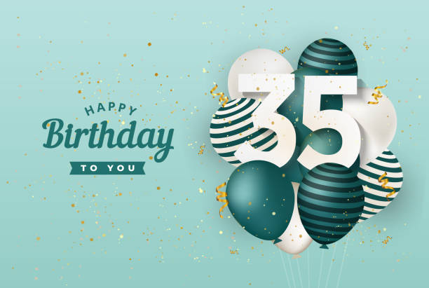 Happy 35th birthday with green balloons greeting card background. Happy 35th birthday with green balloons greeting card background. 35 years anniversary. 35th celebrating with confetti. Vector stock number 35 stock illustrations