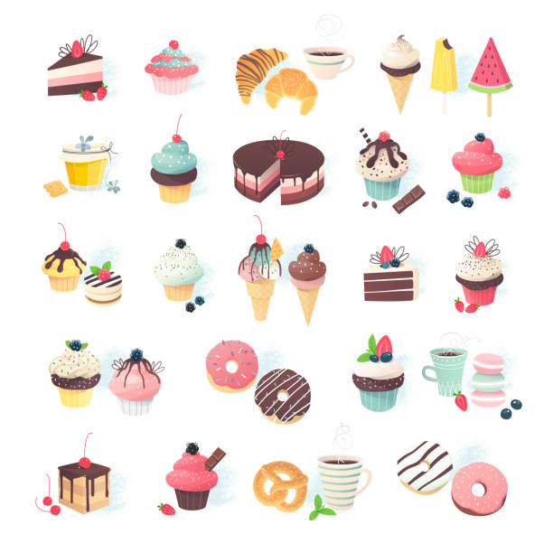 sammlung von niedlichen kleinen miniaturen von verschiedenen desserts - muffin cake isolated small stock-grafiken, -clipart, -cartoons und -symbole
