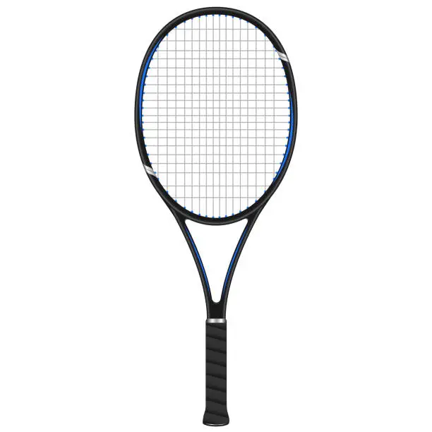 Vector illustration of Tennis racket in blue and black design, 3d vector illustration