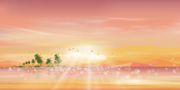 istock Morning Pink, Orange sky at Ocean Tropical on Island,Panoramic Sea beach with coconut palm tree and sunrise chining on water,Vector beautiful nature of Seaside landscape in evening 1297613237
