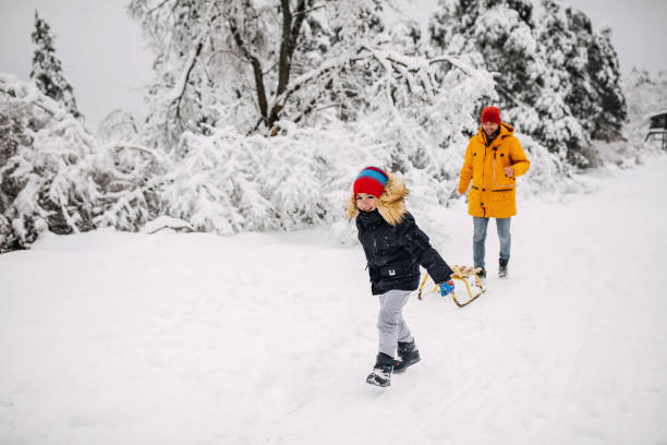 istock Father and son sledding in park on snowy winter day 1297614288
