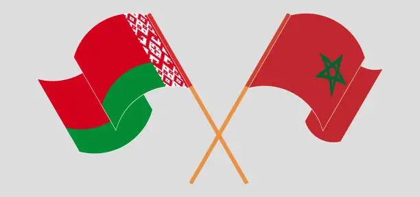 Vector illustration of Crossed and waving flags of Belarus and Morocco