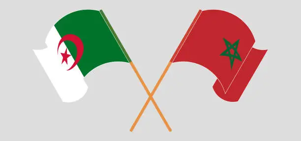 Vector illustration of Crossed and waving flags of Algeria and Morocco