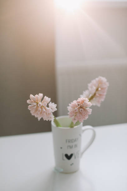 istock Spring flowers in cup on a table. Cozy home decor 1297616122