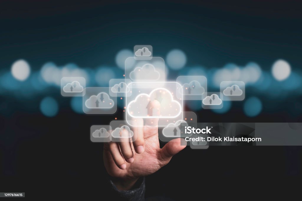 Hand touching to virtual artificial intelligence with cloud technology transformation and internet of thing . Cloud technology management big data include business strategy , customer service. Cloud Computing Stock Photo