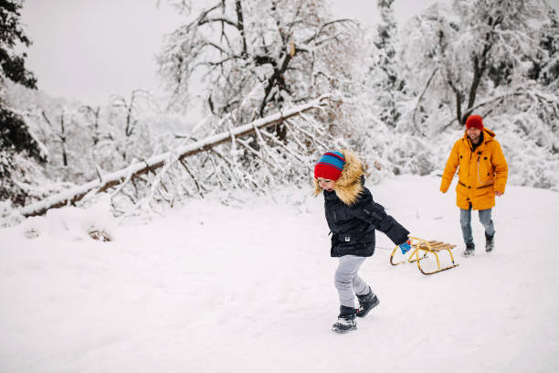istock Father and son sledding in park on snowy winter day 1297616707