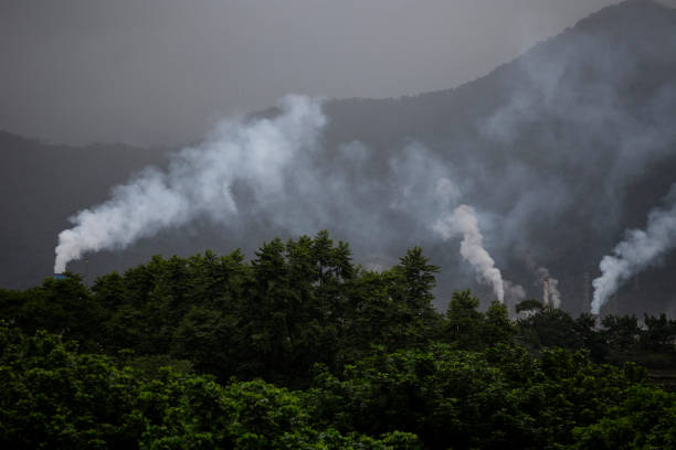 Pollution in Cubatao, one of the most polluted places in Brazil Chimneys and smoke on a forest landscape and dark day climate justice photos stock pictures, royalty-free photos & images