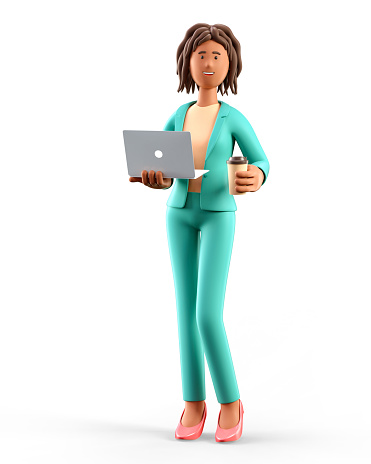 3D illustration of smiling african american woman holding laptop and paper coffee cup. Cute cartoon standing elegant businesswoman in green suit, isolated on white background. Office work concept.