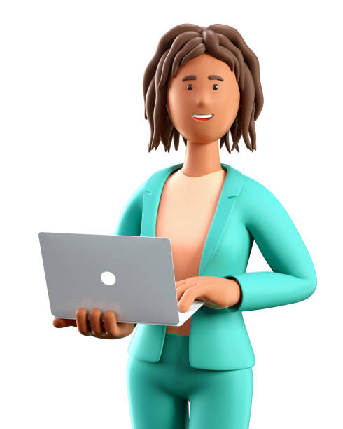 illustrazione 3d di sorridente donna afroamericana che usa laptop. primo piano ritratto di cartone animato in piedi elegante imprenditrice in abito verde con computer, isolato su bianco. - businesswoman advertise placard advertisement foto e immagini stock