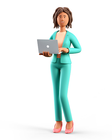 3D illustration of smiling african american woman using laptop. Cute cartoon standing elegant businesswoman in green suit with computer, isolated on white background. Office work concept.