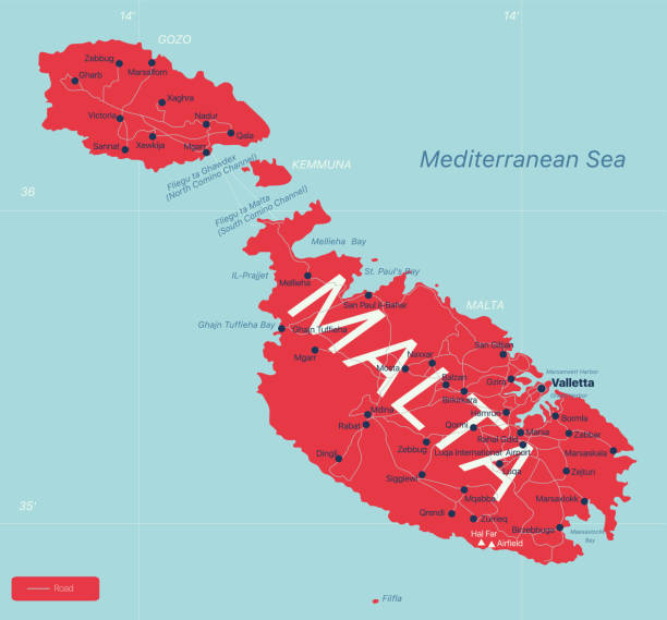 Malta country detailed editable map Malta country detailed editable map with regions cities and towns, roads and railways, geographic sites. Vector EPS-10 file maltese silhouette stock illustrations