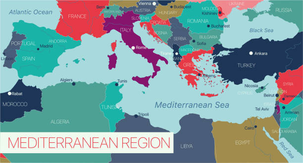 region morza mediterranian szczegółowa edytowalna mapa - śródziemnomorskie kraje stock illustrations
