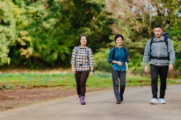 istock Young backpacker friends walking in rural scene together 1297621975
