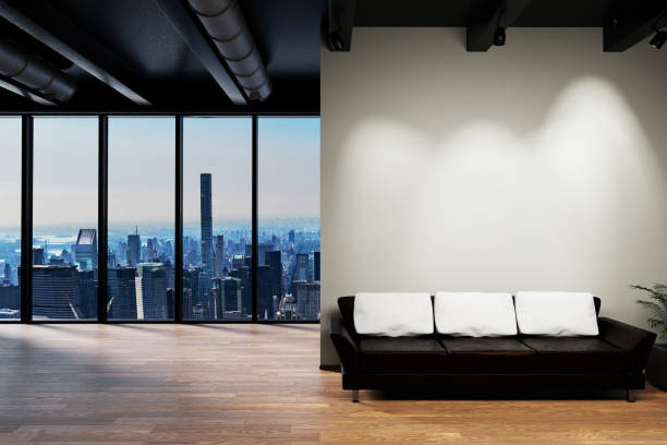 istock modern clean office waiting area reception with skyline view, plain wall copy space, 3D Illustration 1297623174