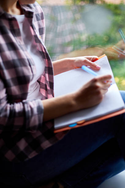 istock Woman, sitting at window at home, writes in notebook goals 1297623189