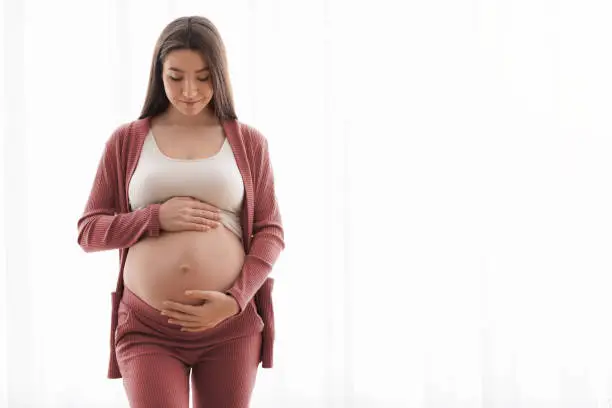 Beautiful Young Pregnant Woman Embracing Her Belly, Standing Against Window At Home, Happy Millennial Expectant Mother Touching Her Naked Tummy And Smiling, Enjoying Pregnancy Time, Copy Space