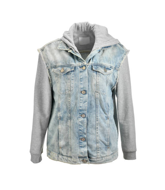 istock Stone washed hoody denim jacket on invisible mannequin isolated on white background 1297623418