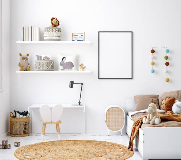 istock Mock up frame in white cozy children room interior background, Scandinavian style 1297624766