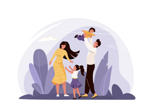 счастливая семейная векторная иллюстрация с растениями, небом. мать, отец, дочь и сын обнимаются, играют и улыбаются, проводят время вместе.  - family stock illustrations