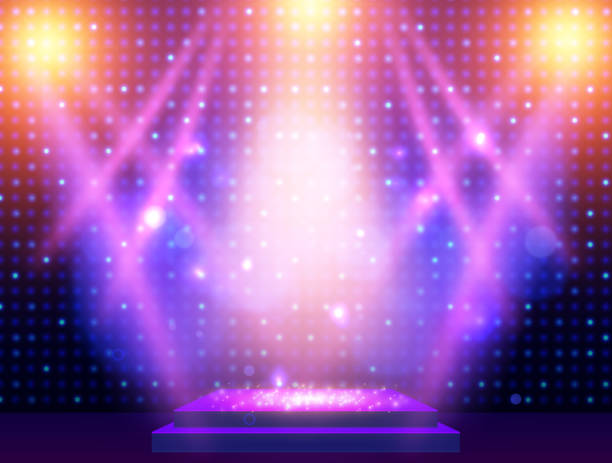 istock Background with podium and blue and yellow spotlights. Design for presentation, concert, show 1297625834