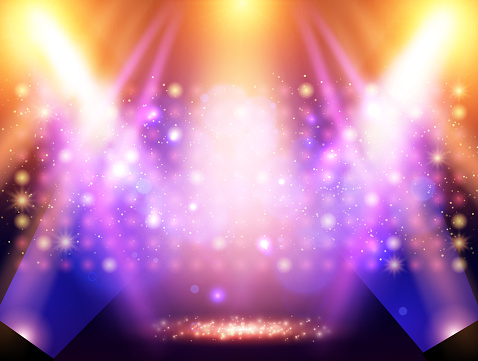 Mosaic background with blue and yellow spotlights. Design for presentation, concert, show. Vector illustration