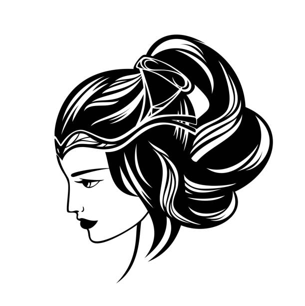 piękna renesansowa kobieta z długimi włosami i diadem czarny portret wektorowy - princess hairstyle baroque style women stock illustrations