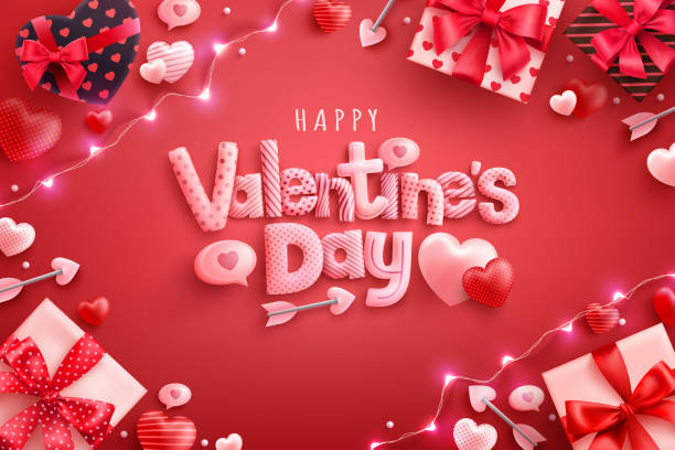 happy valentine's day plakat lub baner ze słodkimi sercami i pudełko na czerwonym tle. szablon promocji i zakupów lub tło dla koncepcji miłości i walentynki - valentines day stock illustrations
