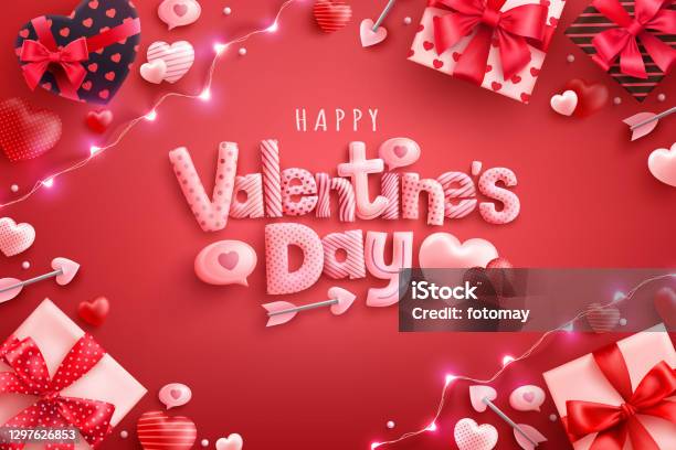 Happy Valentines Day Plakat Lub Baner Ze Słodkimi Sercami I Pudełko Na Czerwonym Tle Szablon Promocji I Zakupów Lub Tło Dla Koncepcji Miłości I Walentynki - Stockowe grafiki wektorowe i więcej obrazów Walentynki