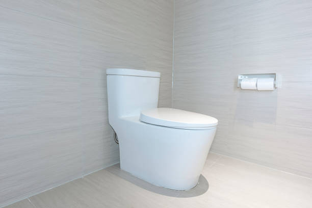 Top view of dirty toilet bowl with limescale stain in the bathroom