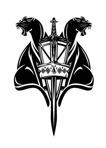 黑白向量預兆與盾牌， 劍， 皇冠和一對黑豹 - leopard 2 幅插畫檔、美工圖案、卡通及圖標