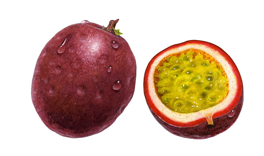 An illustration of a whole passion fruit and a separate half on the right side.