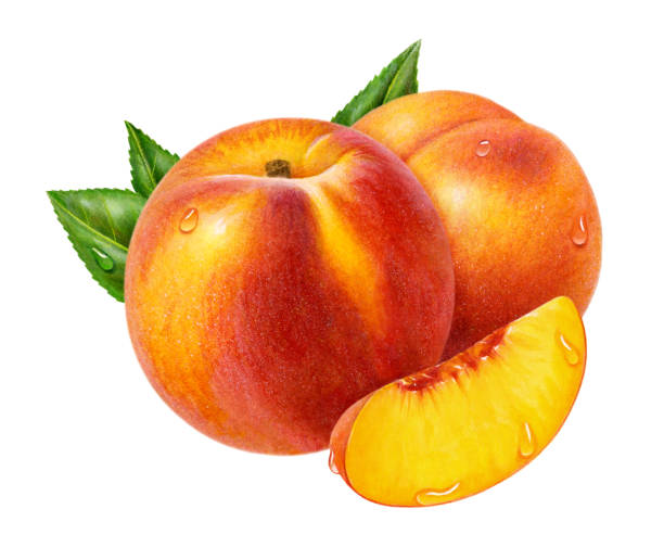 An illustration of two whole peaches, leaves, and a wedge in front.
