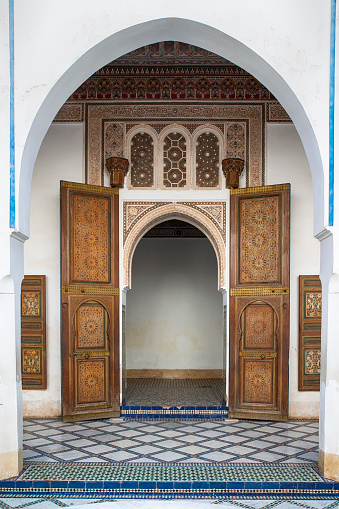 Traditional wooden door in the historic center (Souk) in Marrakesh, Morocco.