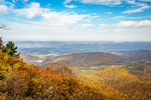 View of Shenandoah National Park and the Blue Ridge Mountains from the park's famous Skyline Drive Jewell Hollow Overlook.