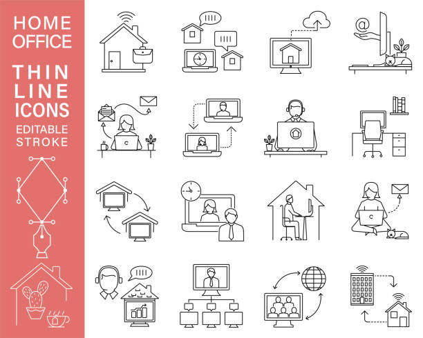 Work From Home Line Icons With Editable Stroke Home office thin line icons on a transparent background. The lines are editable. work from home stock illustrations