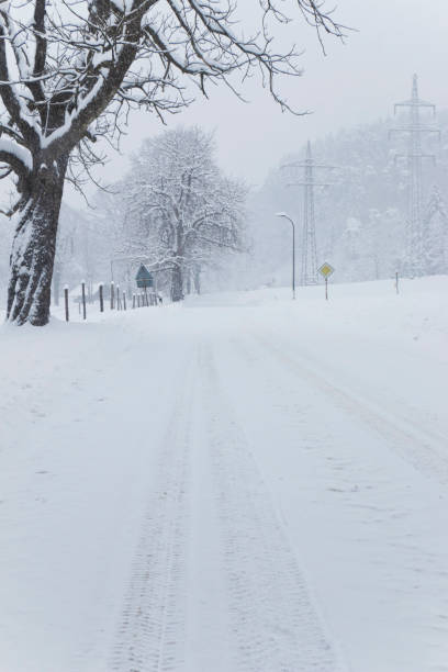 istock Tire tracks on a snow covered country road 1297633931
