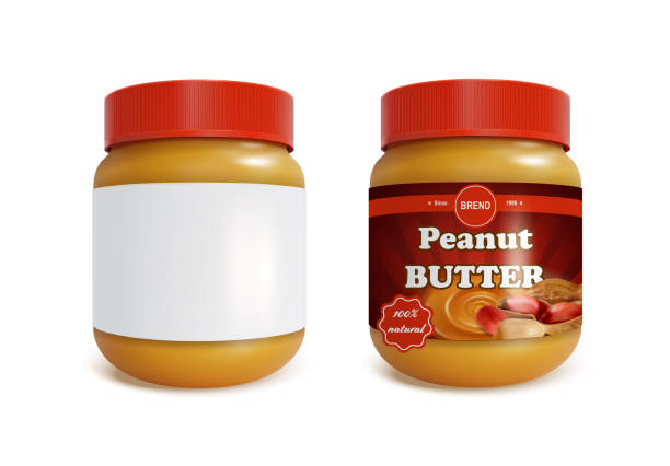 사실적인 상세한 3d 땅콩 버터 스프레드 세트. 벡터 - peanut butter stock illustrations