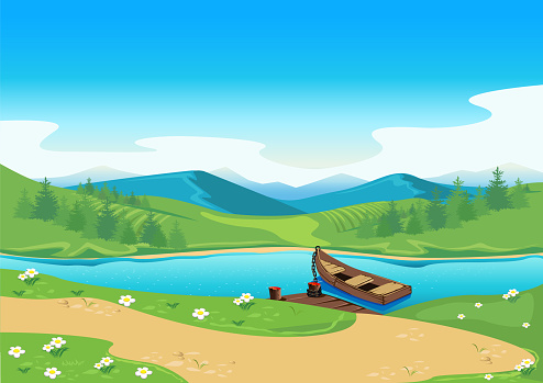 Rural landscape with mountains, flowers, path, river and boat. The boat is tied to the pier. Background vector illustration.