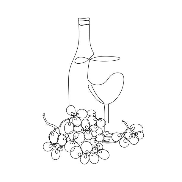 Continuous one line drawing. A Bottle of Wine with a Glass and Grapes. Vector illustration. Minimal abstract art. Black linear art on white background Continuous one line drawing. A Bottle of Wine with a Glass and Grapes. Vector illustration. Modern continuous line. Great for home decor such as posters, wall art, tote bag, t-shirt print, mobile case wine and oenology graphic stock illustrations