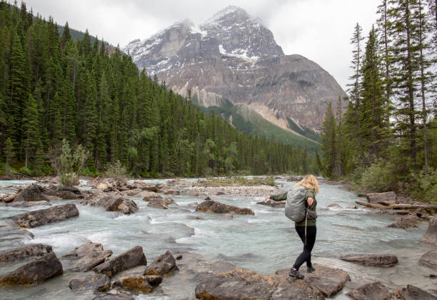 istock Woman hiker jumps between rocks on a glacial river 1297634406