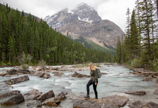istock Woman hiker jumps between rocks on a glacial river 1297634415