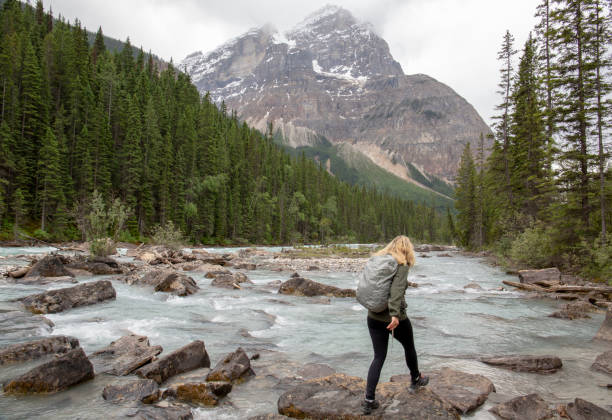 istock Woman hiker jumps between rocks on a glacial river 1297634453