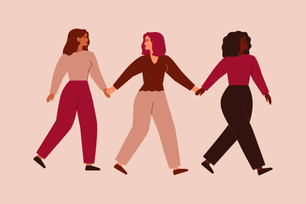 ilustrações de stock, clip art, desenhos animados e ícones de three strong entrepreneurial females walk together and hold hands. black woman supports and leads her friends forward. partnership, feminism movement and sisterhood concept. - three people women teenage girls friendship