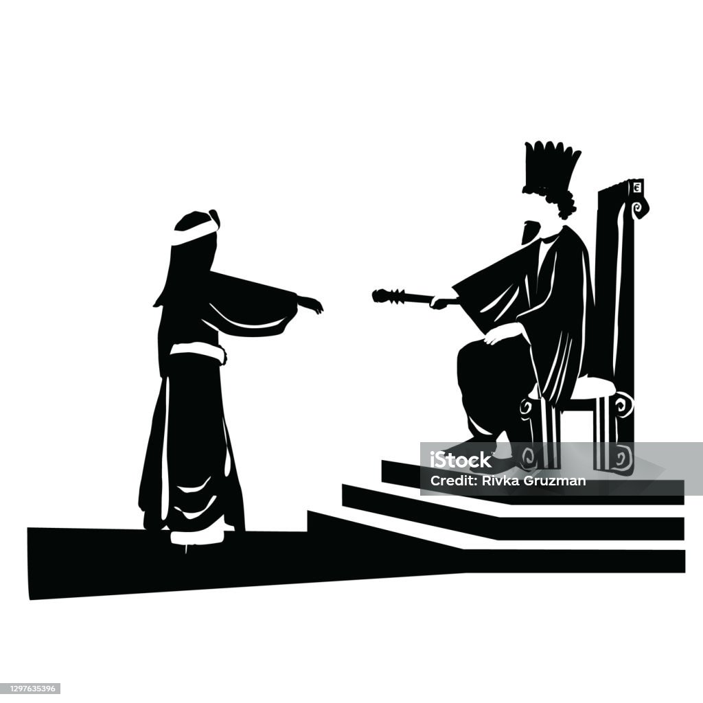 Ilustración de El Dibujo Vectorial Del Rey Persa Asuero Extiende El Cetro A La Reina Ester Una De Las Escenas De Un Pergamino Leída Por Los Judíos En Purim Silueta Negra y Ilustración de El Dibujo Vectorial Del Rey Persa Asuero Extiende El Cetro A La Reina Ester Una De Las Escenas De Un Pergamino Leída Por Los Judíos En Purim Silueta Negra y