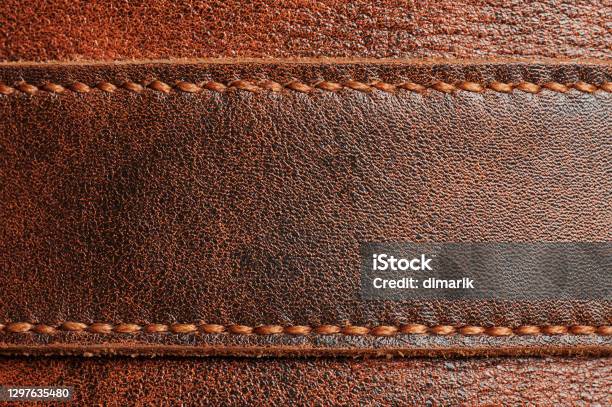 Brown Leather Tag Stock Photo - Download Image Now - Leather, Textile Patch, Stitching