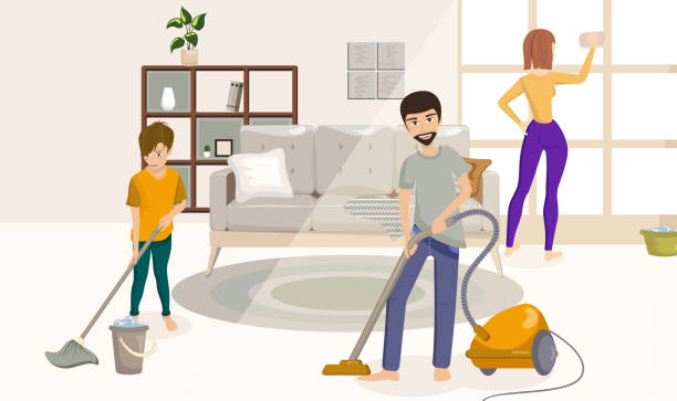 Cartoon Color Characters People Family Cleaning the House Concept. Vector Cartoon Color Characters People Family Cleaning the House Concept Flat Design Style. Vector illustration of Cleanup Together father housework stock illustrations