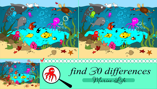 Vector cartoon illustration with the marine inhabitants. Find 30 differences.